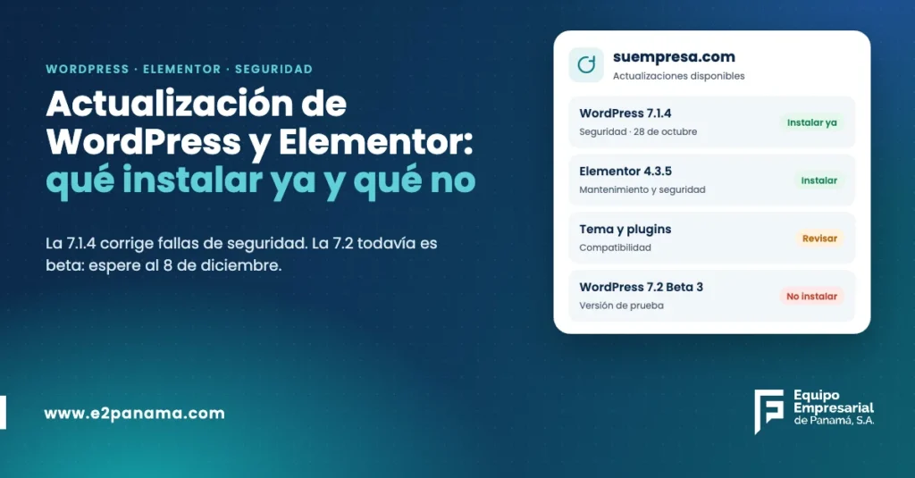 Actualización de WordPress y Elementor: WordPress 7.1.4 instalar ya, Elementor 4.3.5 instalar, WordPress 7.2 beta no instalar