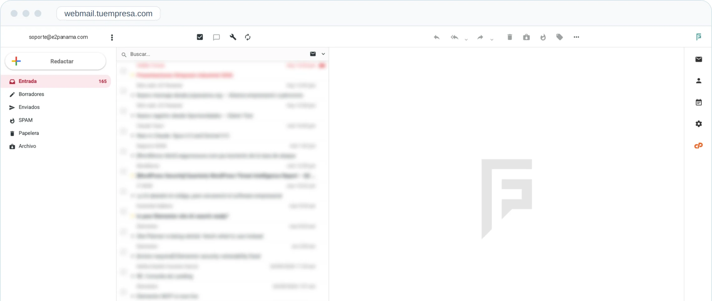 Bandeja de entrada del webmail de correo empresarial de E2 Panamá