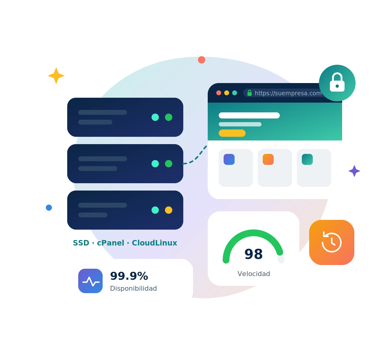 Ilustración de servidores de web hosting con panel de control y certificado SSL